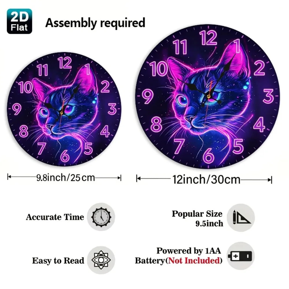 1pc Neon Cat Face Wall Clock - Purple & Pink