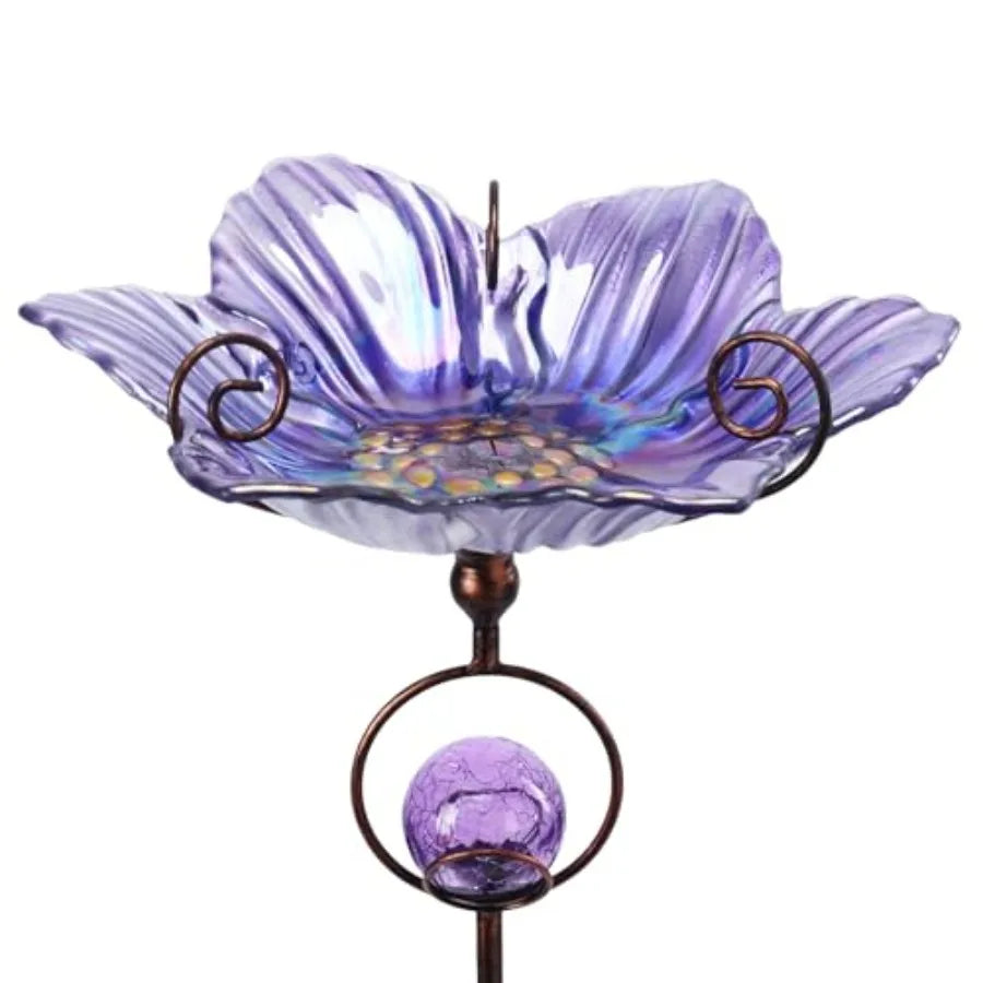 Glass Bird Bath with Solar Crackle Glass Globe Lights Decorations and Metal Stake