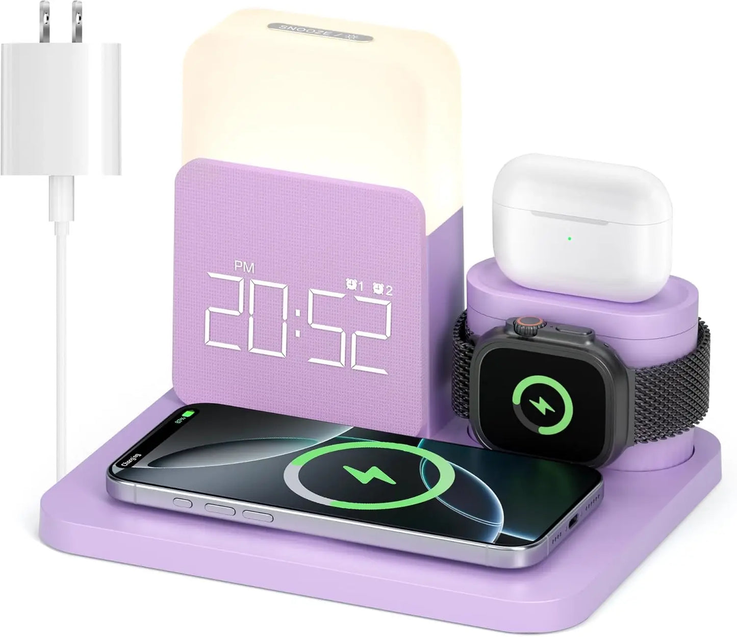 7-in-1 Wireless Charging Station with Dual Alarm Clock & Night Light for Phones and Smartwatches