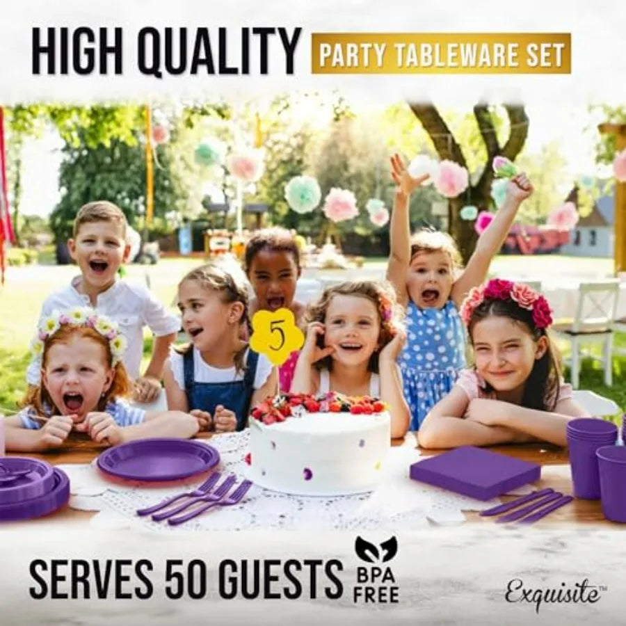 350 Pcs Purple Plastic Dinnerware set for 50 people. 9" & 7" plates, cups, napkins, utensils