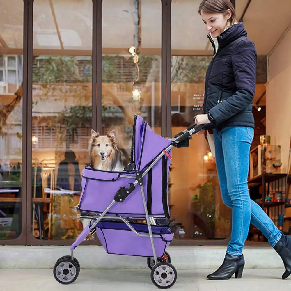 3-Wheel Dog/Cat Stroller, Cage for Small/Medium Pets. Folding Travel Carrier with Cup Holder, Waterproof