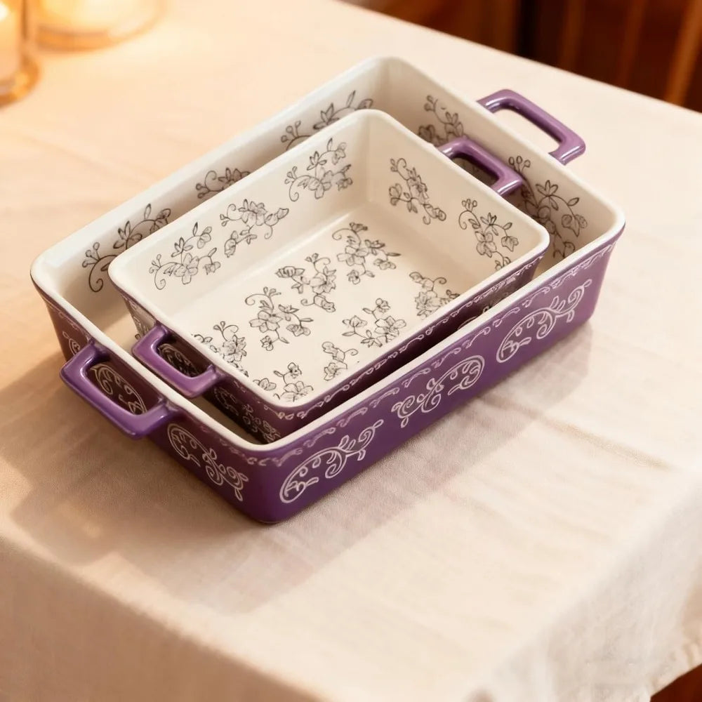 Ceramic Baking Dishes for Oven Set of 2, Lasagna Pan Deep, Square Casserole Dish with Handles, Pattern Purple (11.4+8.5in)