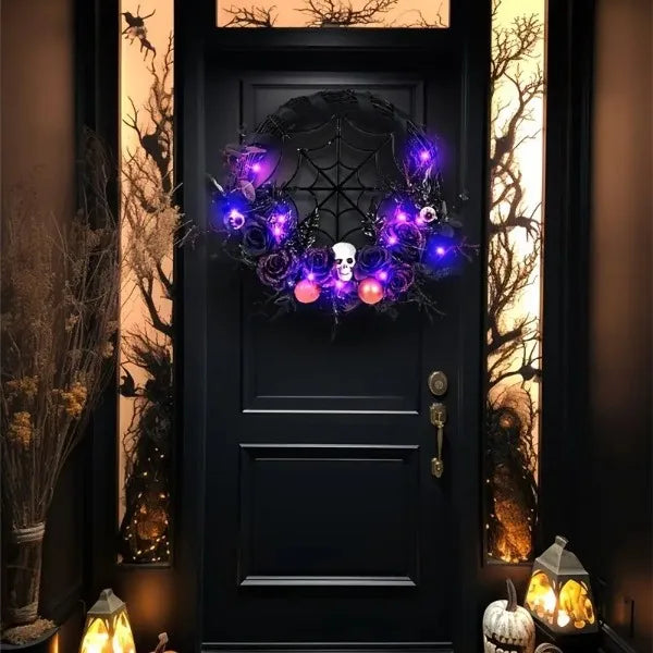 1pc, Prelit Halloween Skull Wreath For Front Door Decor, 20 LED Purple Lights Battery Operated Skeleton