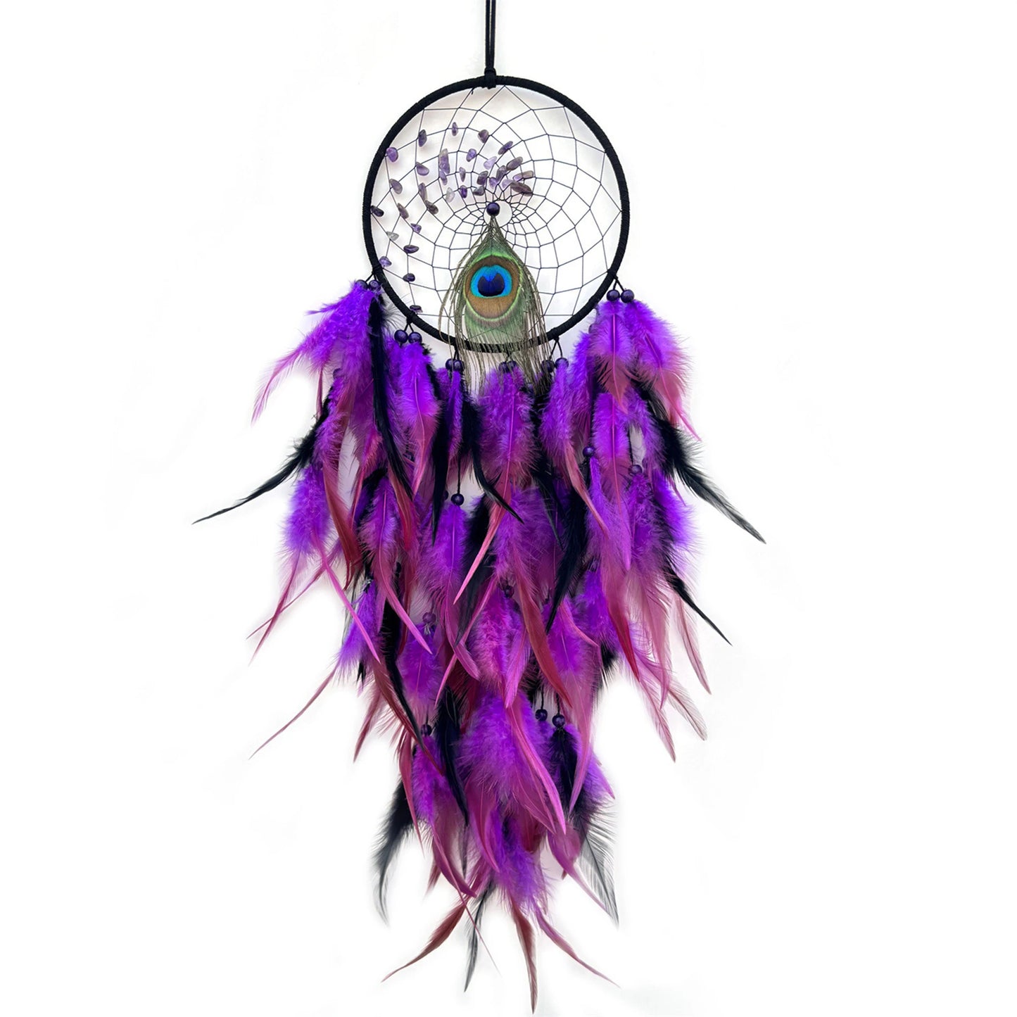 Handcrafted Dreamcatcher with Amethyst Stones and Owl Feathers for Boho Bedroom Wall Decor and Positive Energy