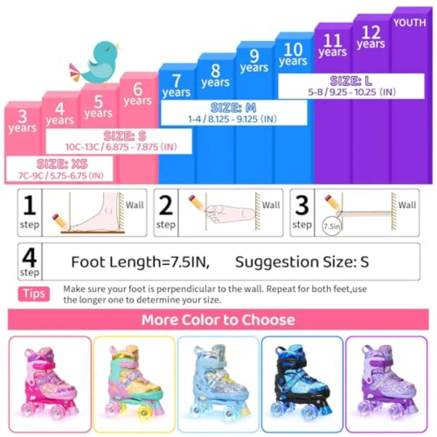 Roller Skates for Girls,4 Sizes Adjustable  with Light up Wheels and Safety Protection