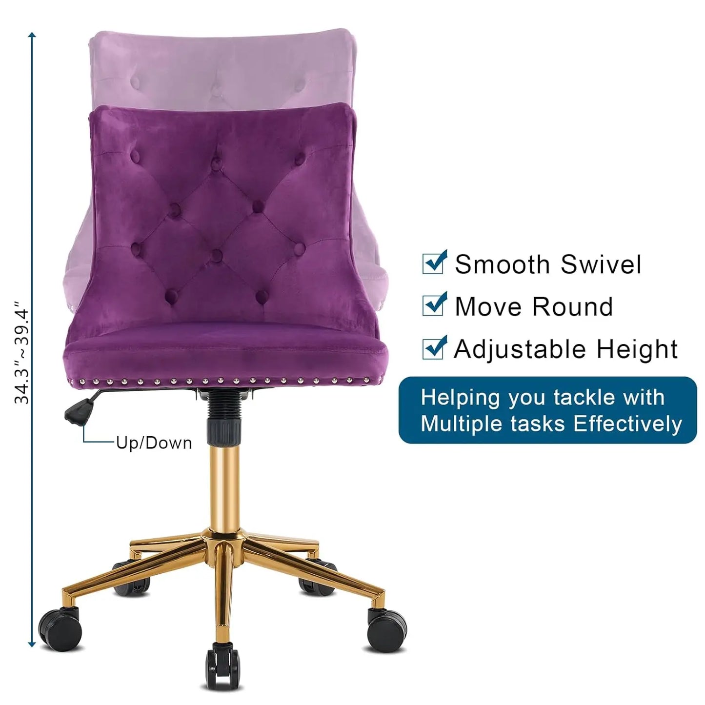 Dark Purple or Mauve Armless Home Office or Vanity Chair with Gold Base/Wheels