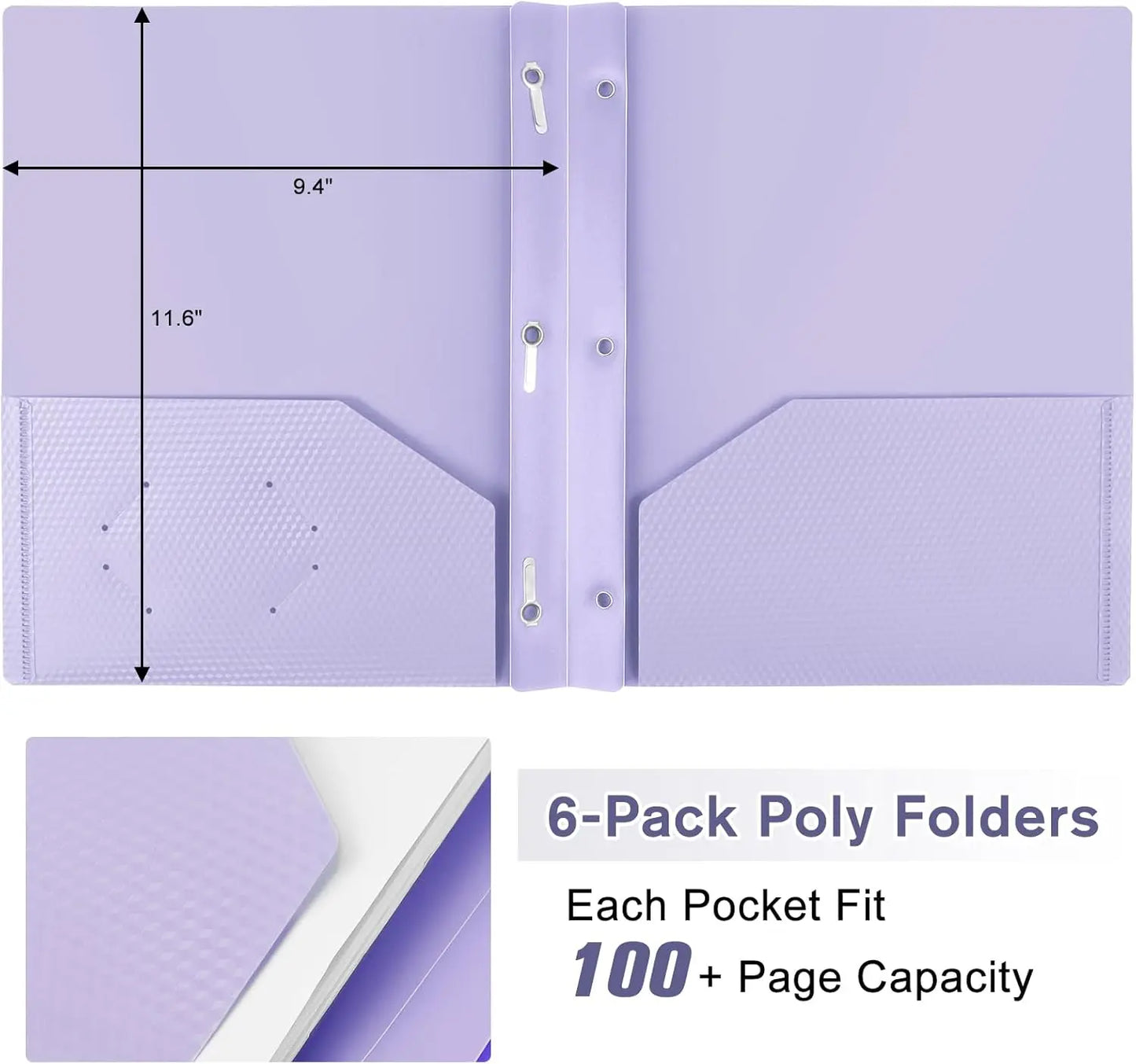 6-Pack Pastel Purple Folders with Pockets and Fasteners