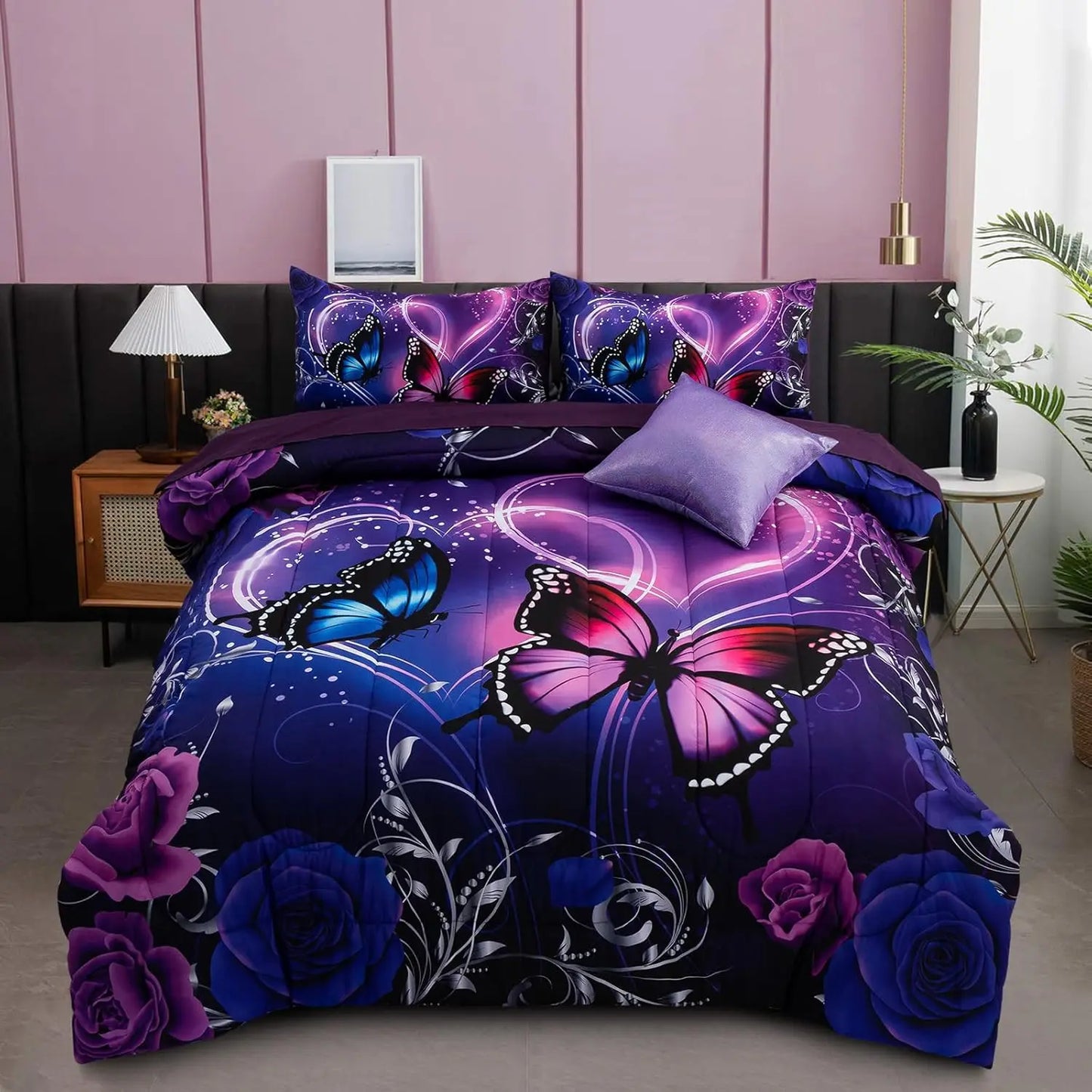 Dreamy Purple Butterfly Bedding Set with Black & Purple Comforter-Queen size