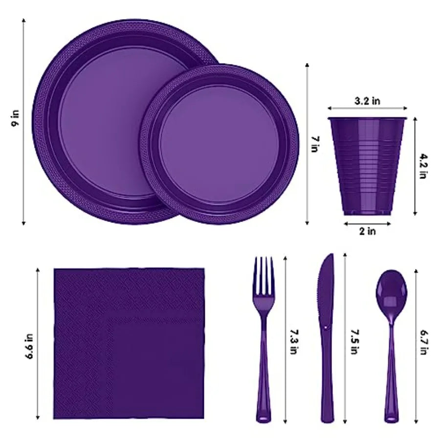 350 Pcs Purple Plastic Dinnerware set for 50 people. 9" & 7" plates, cups, napkins, utensils