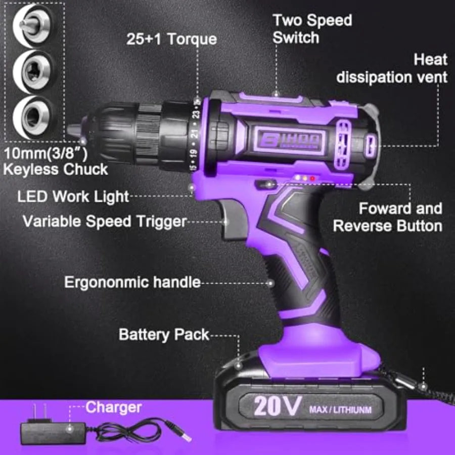 Purple Cordless Drill Set20V Drill Driver with Battery and Charger 3/8-Inch Keyless Chuck Variable Speed with Drills Bits Set