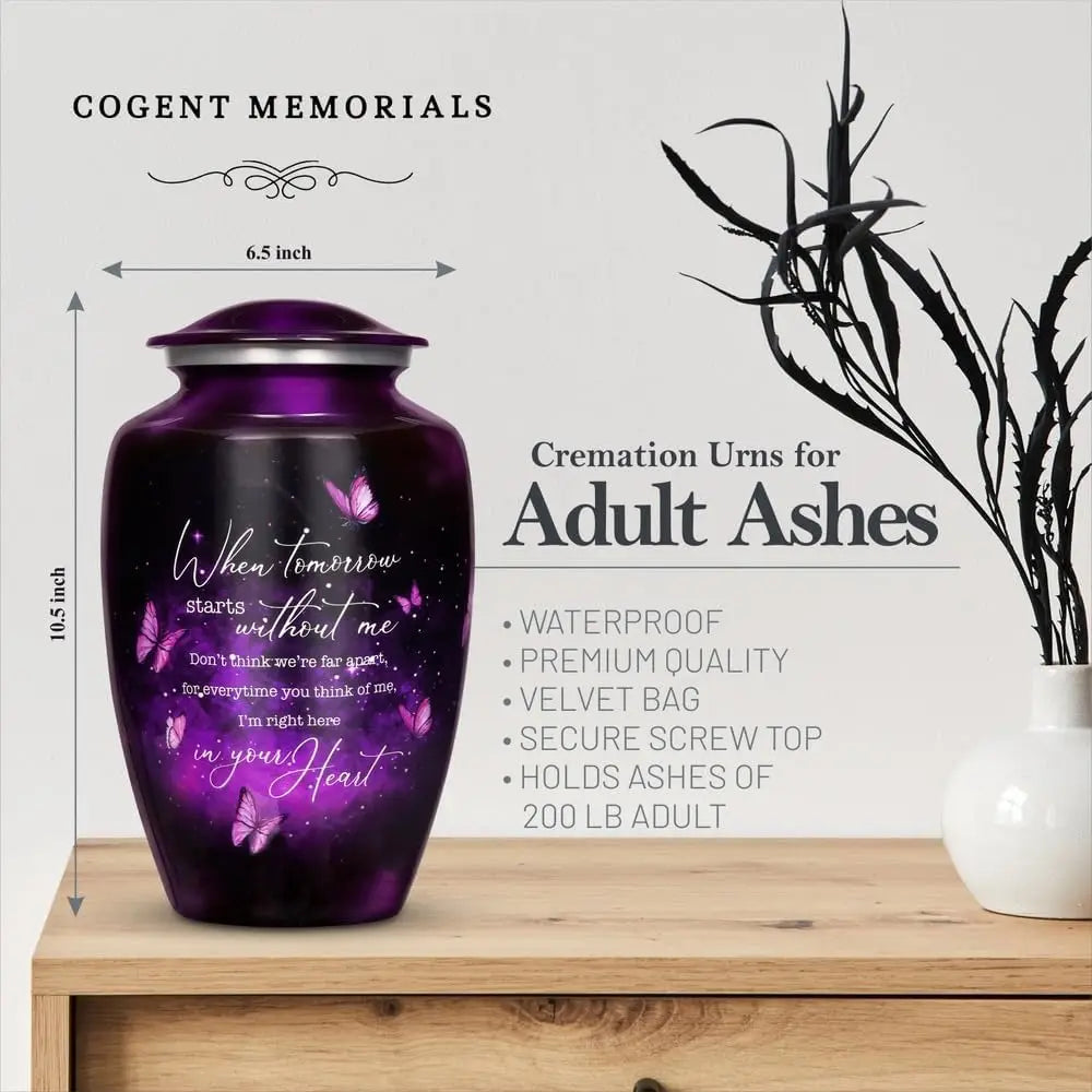 Large Purple Butterfly Urn for Ashes, Handcrafted Metal Keepsake with Secure Lid, Holds Up to 200lbs