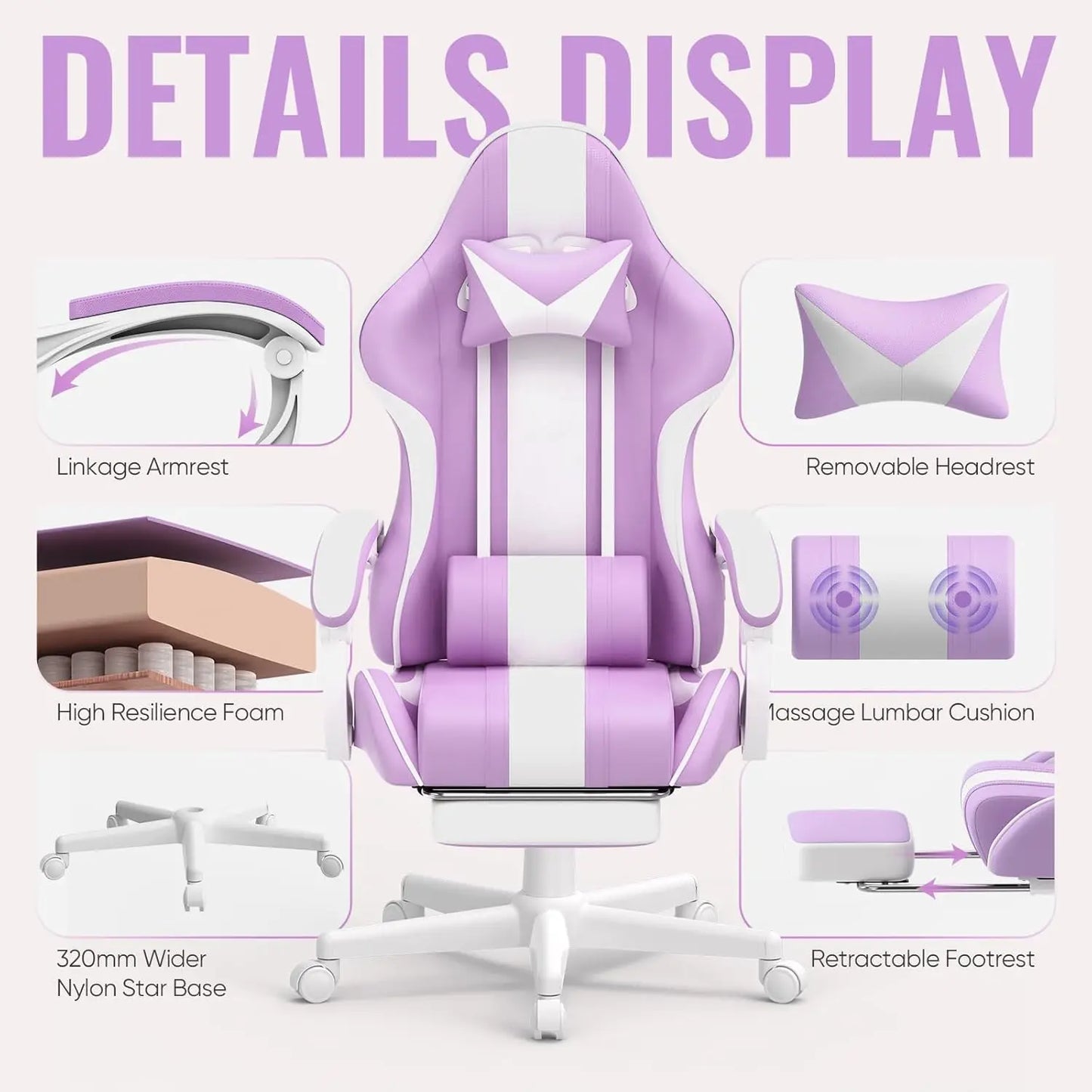 Gaming Chairs, Ergonomic Racing Style PC Game Computer Chair with Headrest Lumbar Support Adjustable Recliner