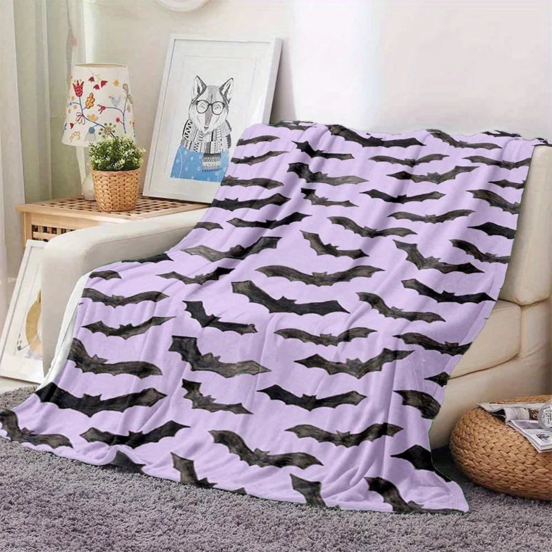 Cozy Purple & Black Bat Print Flannel Blanket
