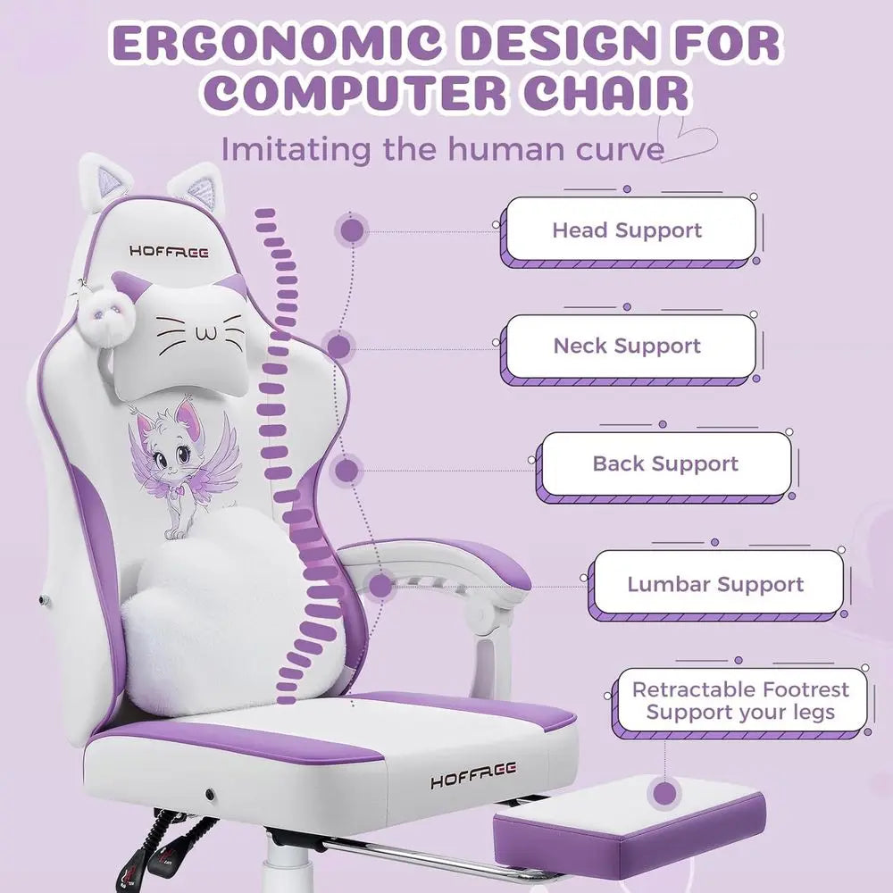 Ergonomic Lumbar Support Gaming Chair with Cat Ears Design for Adults