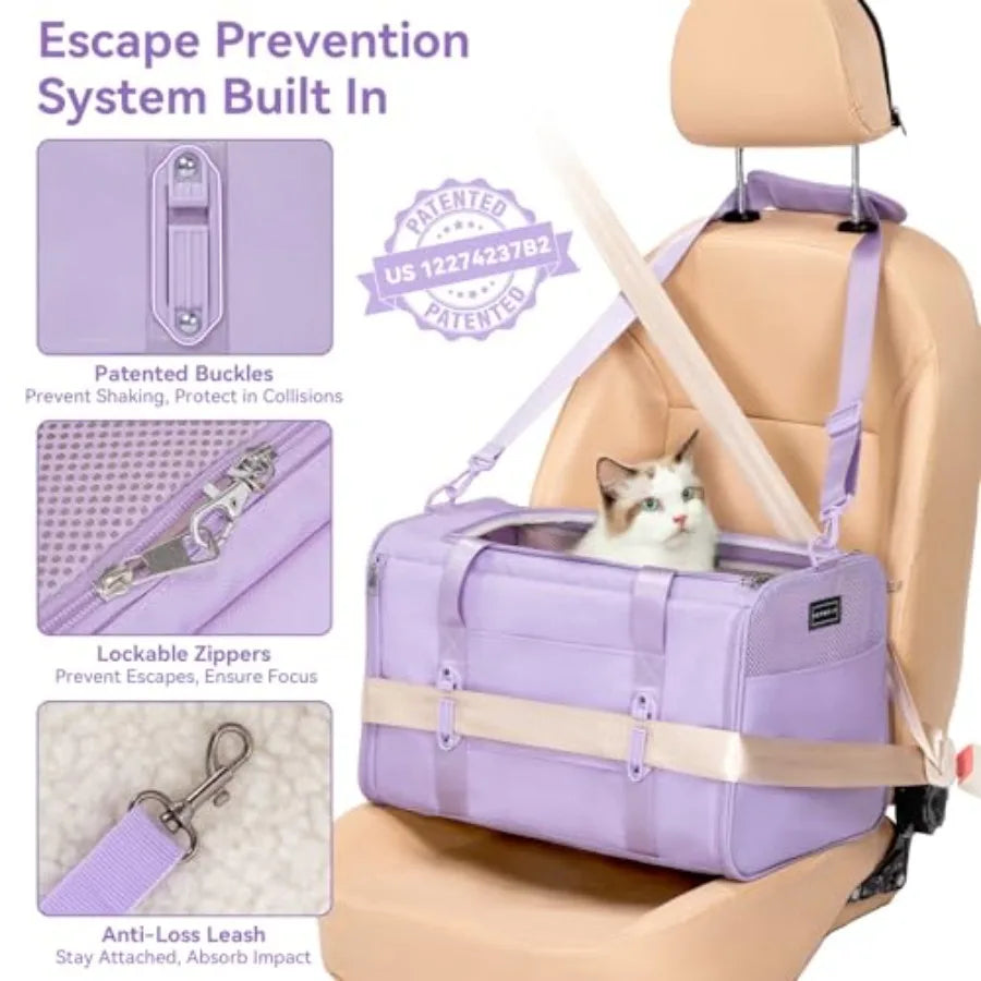 Soft-Sided Cat Carrier with Patented Safety Buckles Lockable Zippers Safety Tether Escape-Resistant