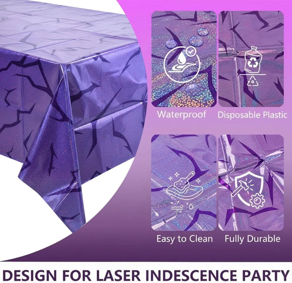 Iridescent Holographic Laser Tablecloth 2 Pack, Purple Lightning Pattern  54x108 Inch