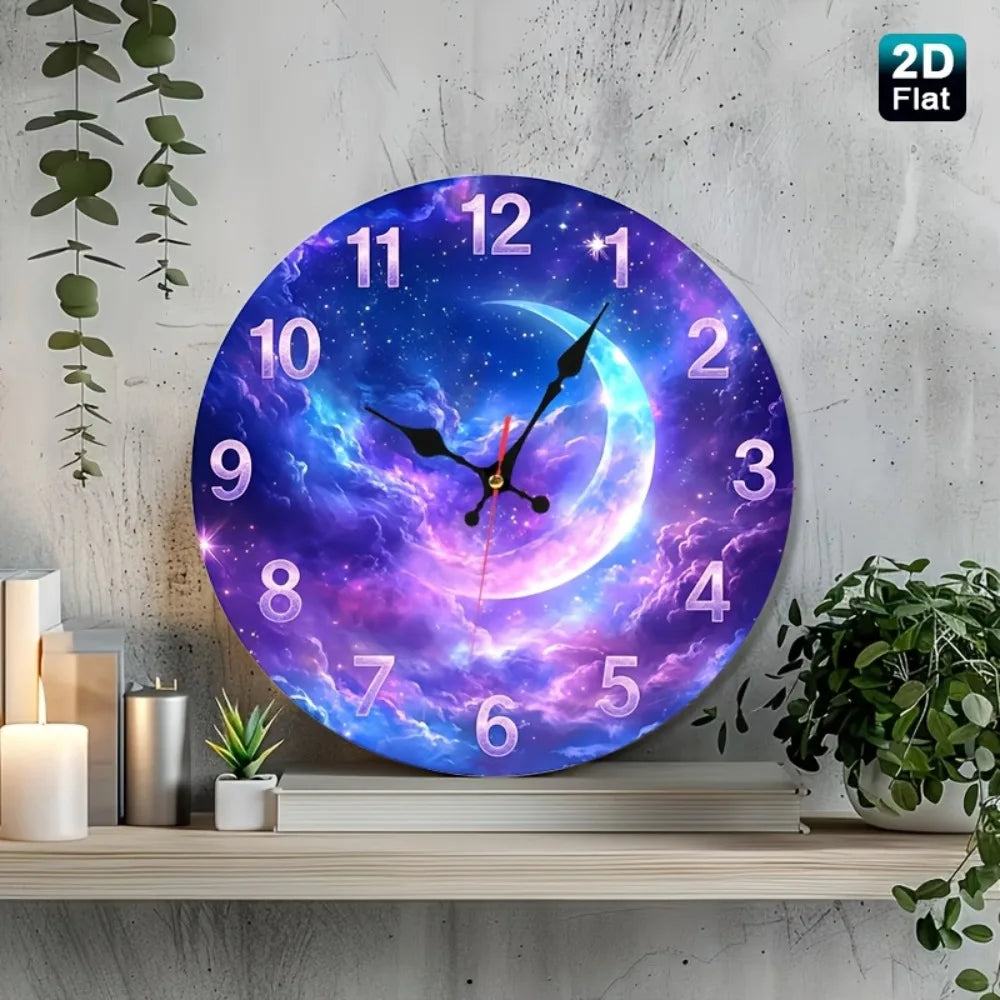1pc Purple Pink Gradient Nebula & Crescent Moon Wall Clock