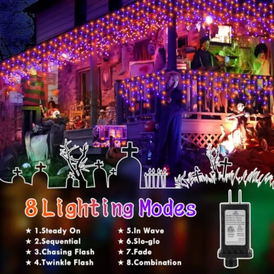 Halloween decoration lights, LED, orange and purple, 99FT 1216 bulbs, weather-resistant PVC wire, energy-efficient