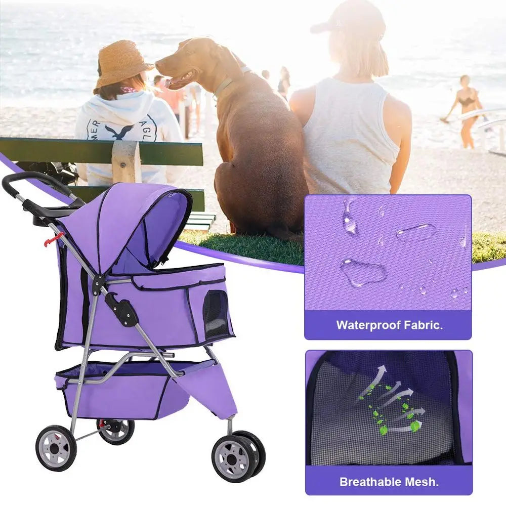 3-Wheel Dog/Cat Stroller, Cage for Small/Medium Pets. Folding Travel Carrier with Cup Holder, Waterproof