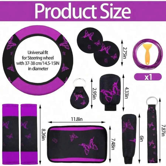 Purple Butterfly Car Seat Cover Set: 5 Pieces For Front And Rear Seats, Wristbands, 2 Cup Coasters, Armrest Cushions, 2 Seatbelt