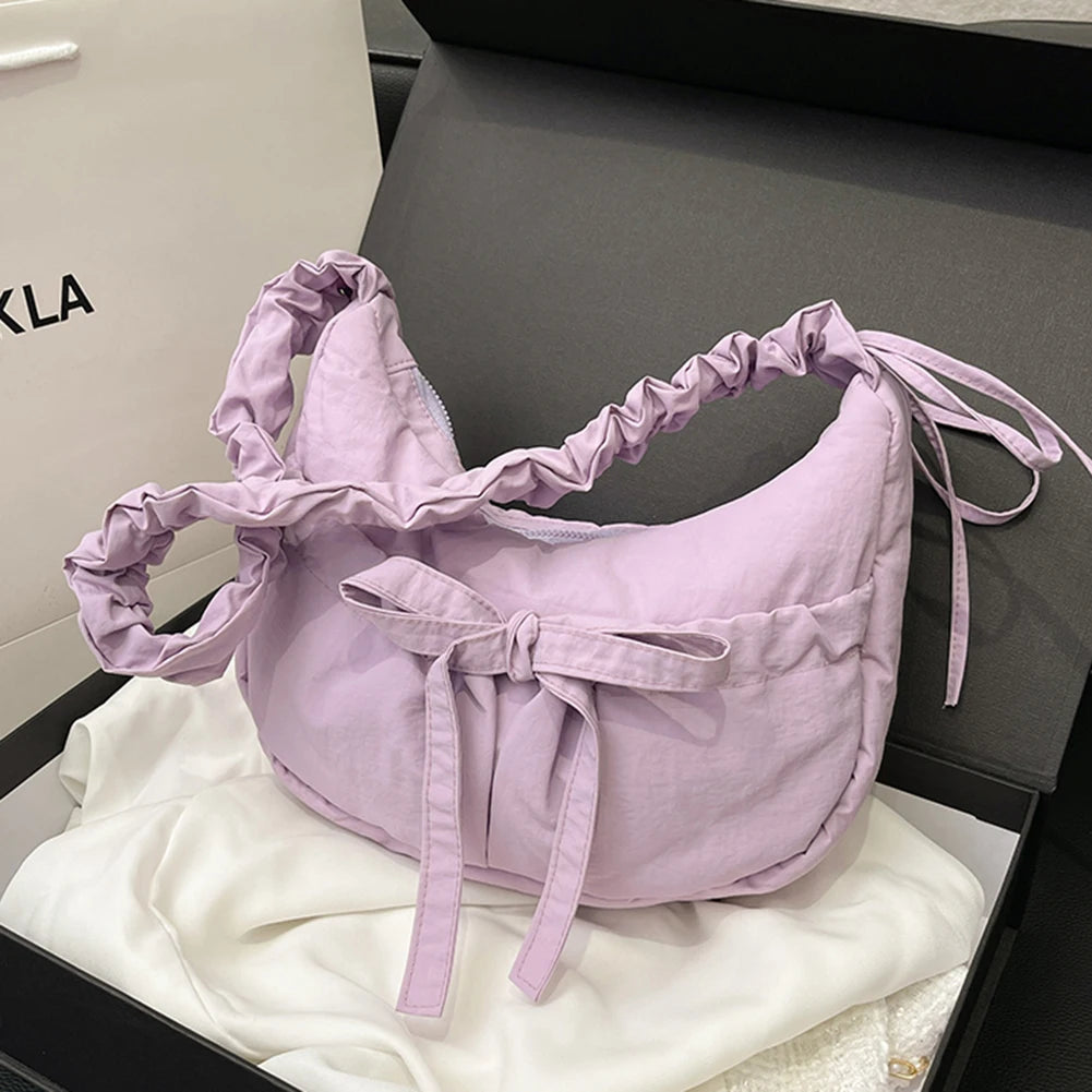 Women Chic Tote Handbag with Ruched Drawstring Strap Bow Simple Crossbody Bag Solid Color Casual Underarm Bag Ladies Outdoor Bag
