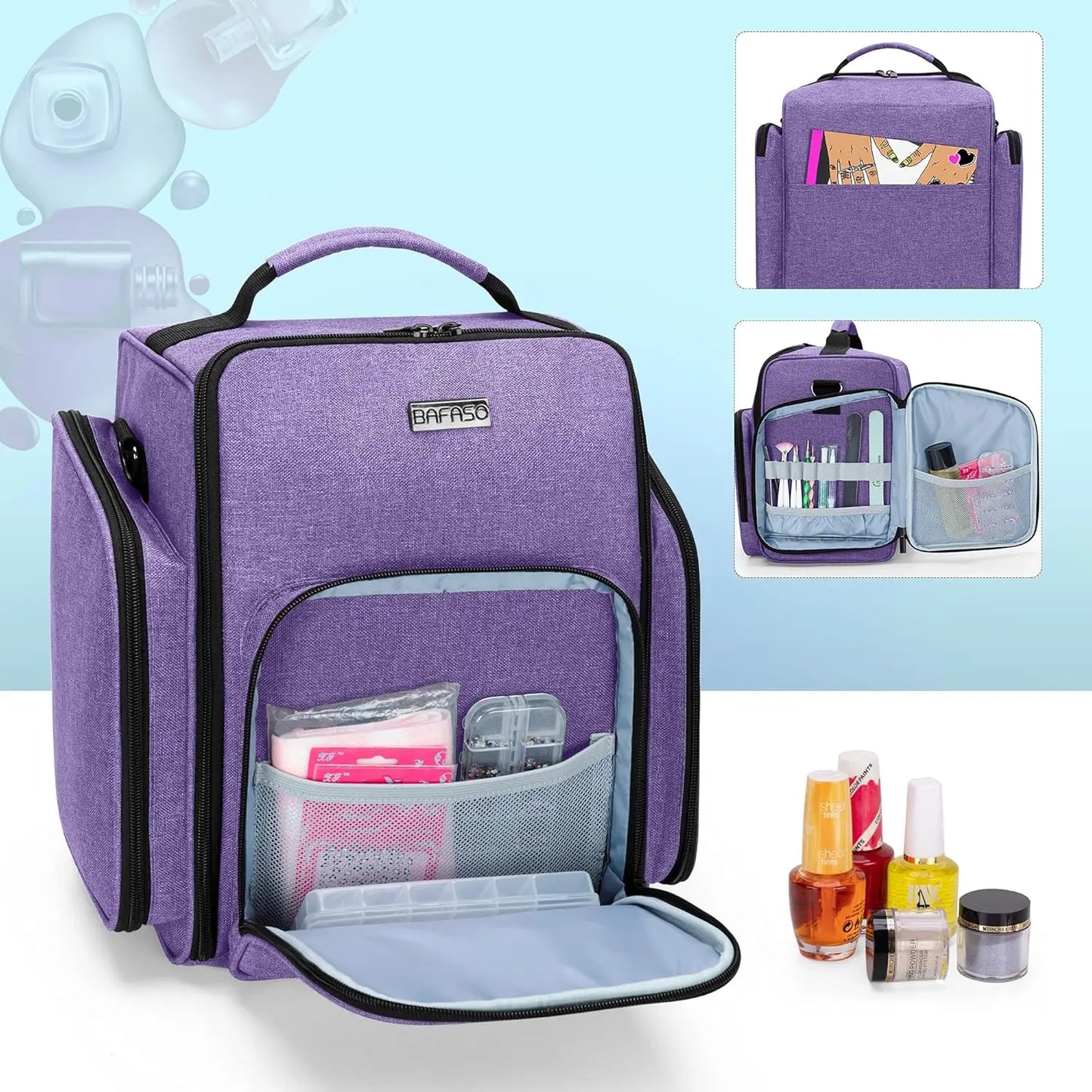 Nail Polish Organizer Holds 72 Bottles, Large Nail Polish Case with 3 Removable Pouches and Multiple Storage Sections, Purple