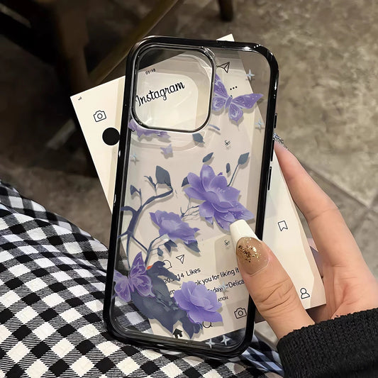 Purple Lotus Pattern Clear Phone Case For iPhone 11 13 Pro 12 15 14 16 Pro Max 15 Plus Hard PC Cover