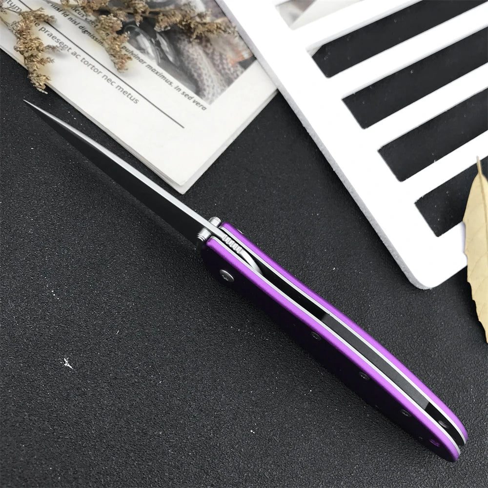 Outdoor Folding Knife 2.83 Inch Steel Blade Purple Aluminum Handle Reversible Pocket Clip  Camping Knife