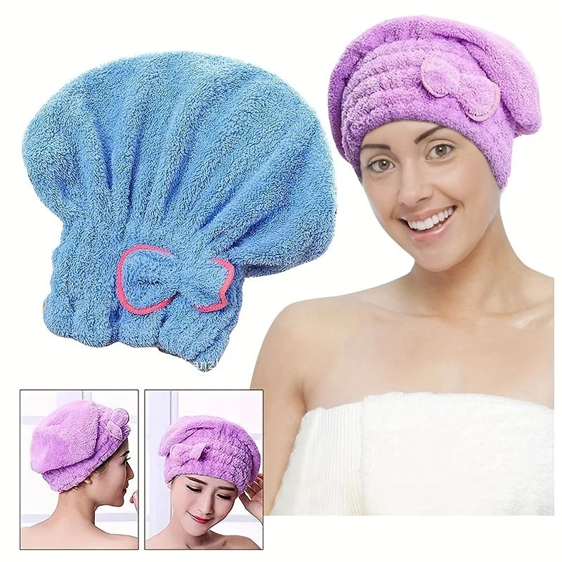 Cute Quick-Dry Shower Caps with Bow Decoration, Elastic Absorbent Hair Drying Bonnet