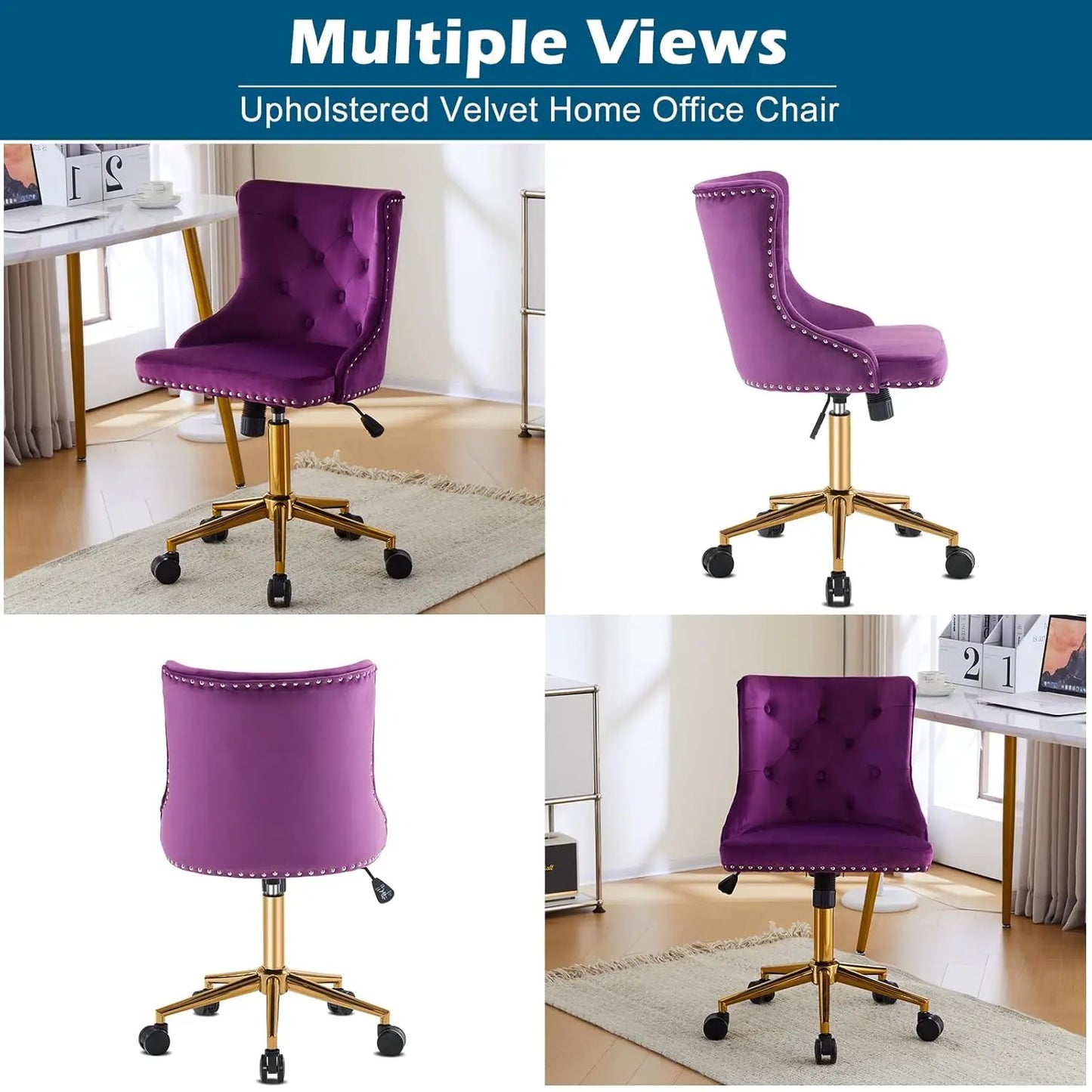 Dark Purple or Mauve Armless Home Office or Vanity Chair with Gold Base/Wheels