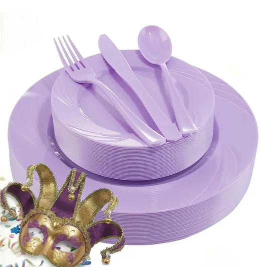 125PCS Purple Plastic Plates Lavender Plate Purple Plastic Silverware Include 50 Dinner & Dessert Plates + 25 each utensils