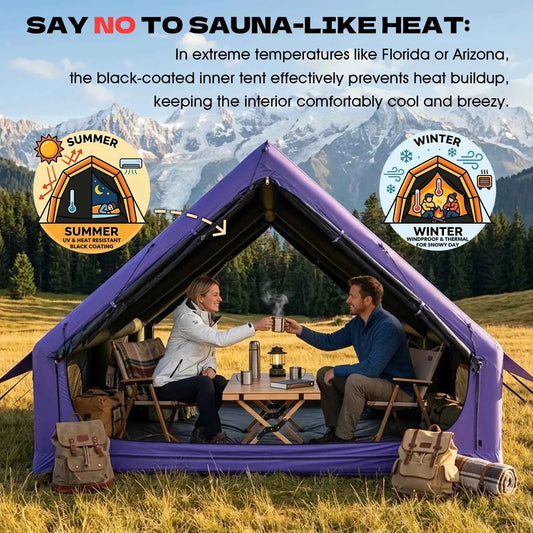 Inflatable Camping Tent, 6-8 Person, Sunproof Blow up Tent with Skylight & Mesh Window, with Stove Jack AC Vent