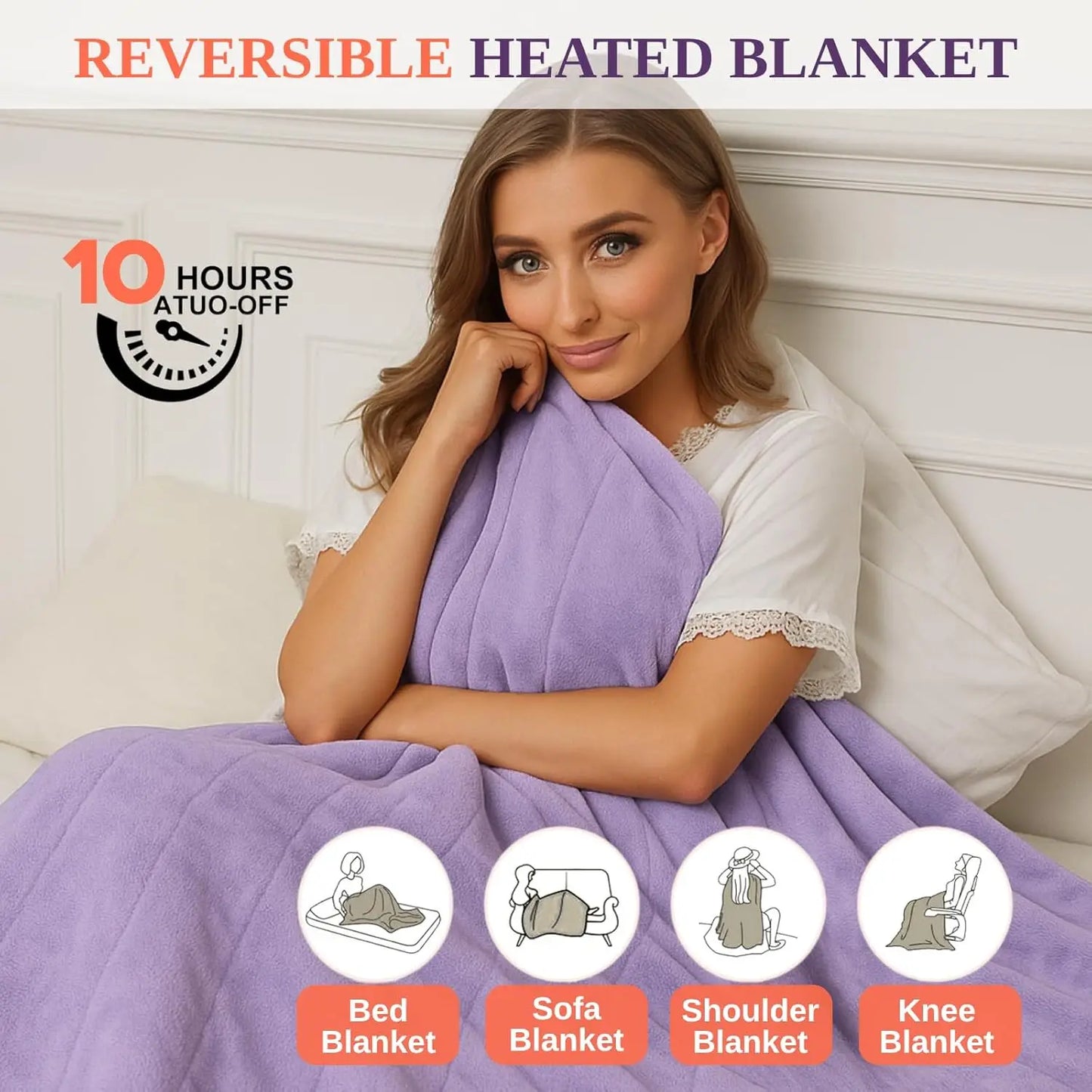 Purple Twin Electric Heated Blanket, 62x84 Inches, 6 Heat Settings, Auto-Off & Overheat Protection