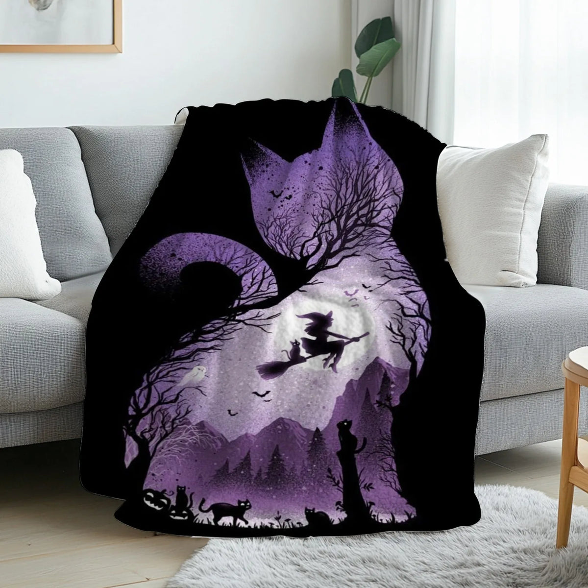 1pc Witch Cat Silhouette Flannel Blanket (Machine Washable)