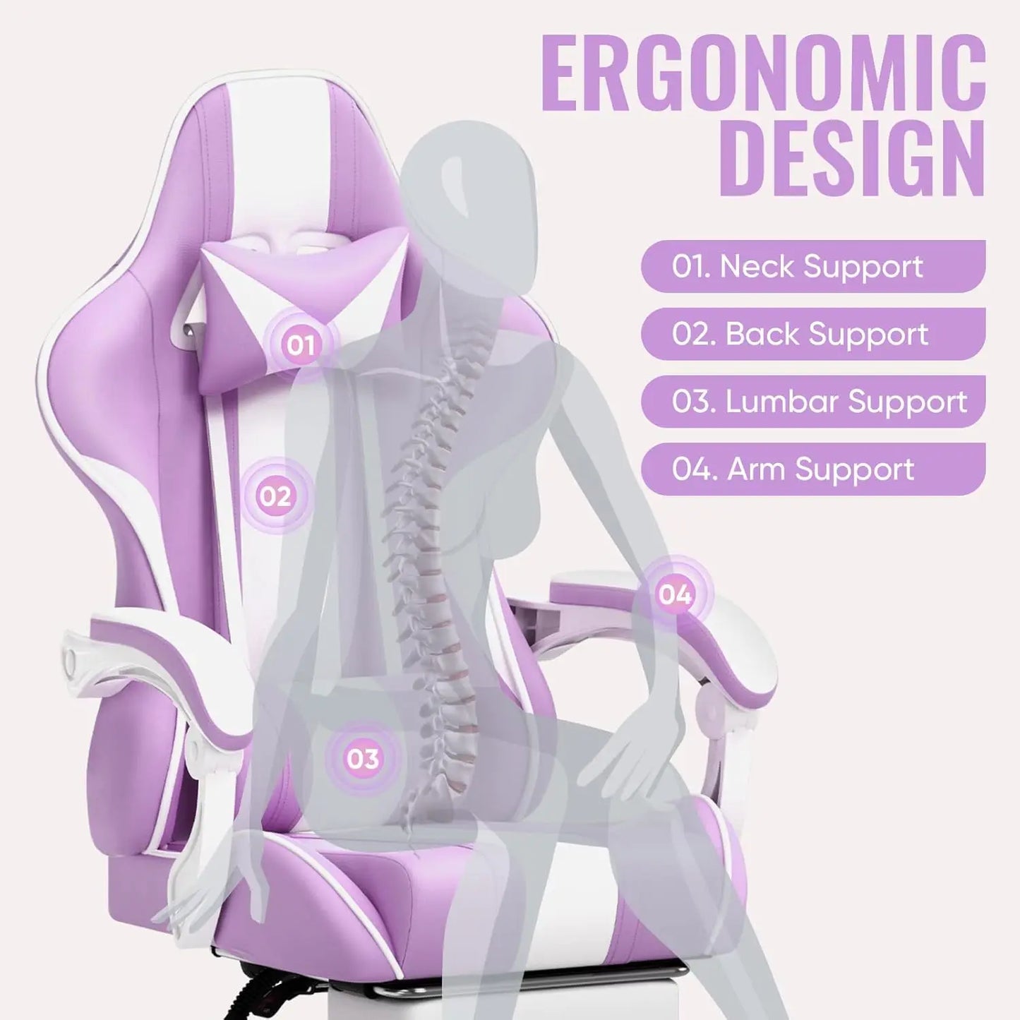 Gaming Chairs, Ergonomic Racing Style PC Game Computer Chair with Headrest Lumbar Support Adjustable Recliner