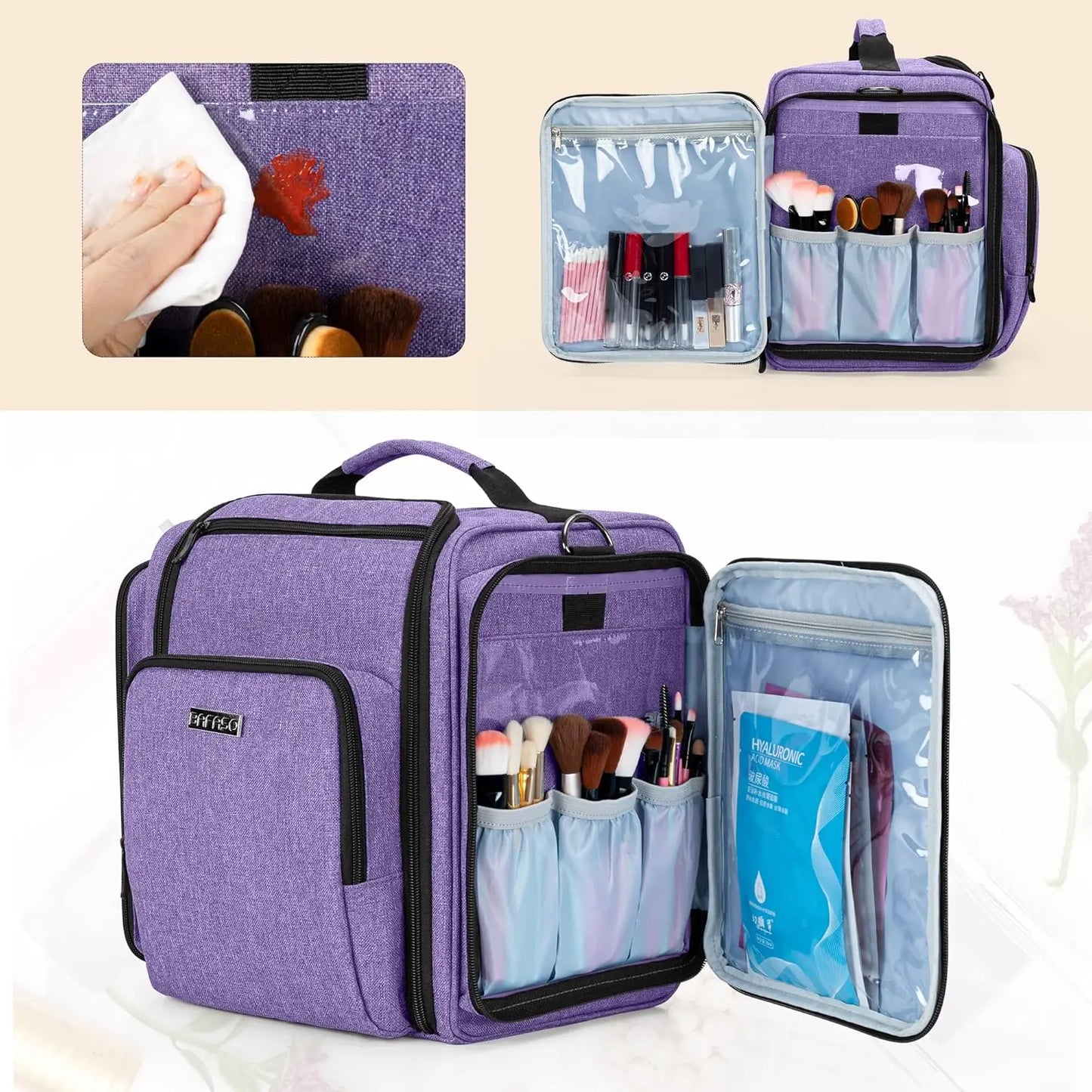 Multifunctional Travel Makeup Bag with 4 Removable Pouches, Purple Cosmetic Organizer for Easy Storage