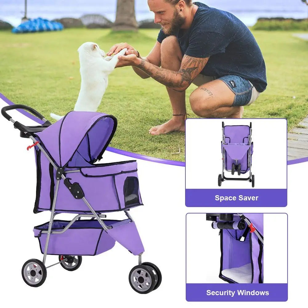 3-Wheel Dog/Cat Stroller, Cage for Small/Medium Pets. Folding Travel Carrier with Cup Holder, Waterproof