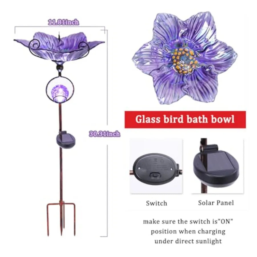 Glass Bird Bath with Solar Crackle Glass Globe Lights Decorations and Metal Stake