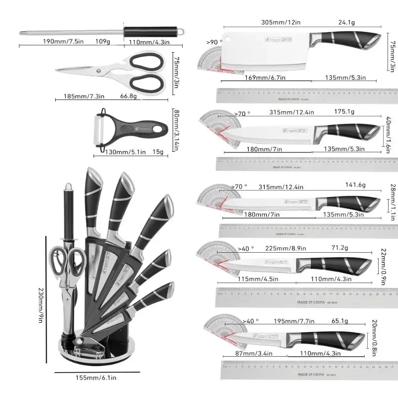 9 pc Kitchen Knife Set, Stainless Steel, Sharp Non-Stick Coated Chef Knives with Sharpener