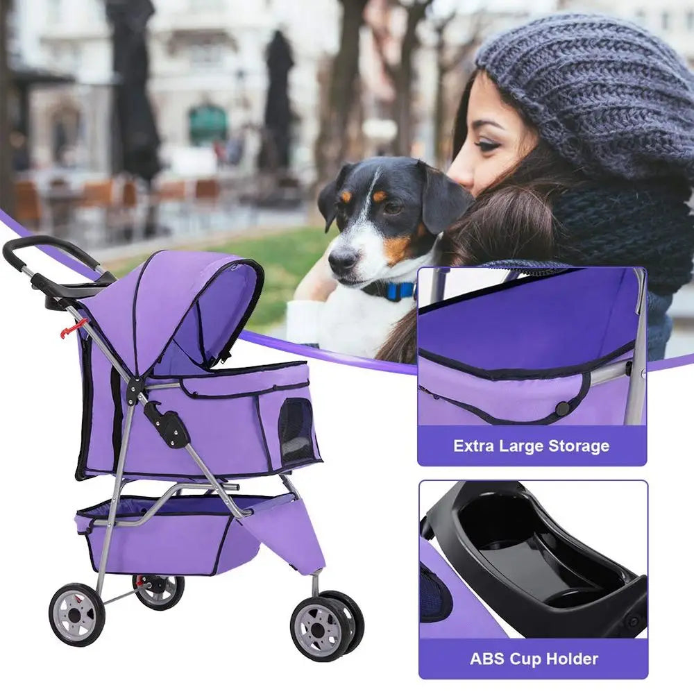 3-Wheel Dog/Cat Stroller, Cage for Small/Medium Pets. Folding Travel Carrier with Cup Holder, Waterproof