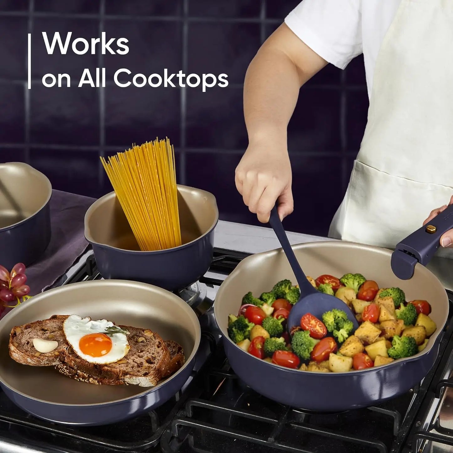 19 Piece Nonstick Cookware Set with Detachable Handle, Purple, Induction Compatible