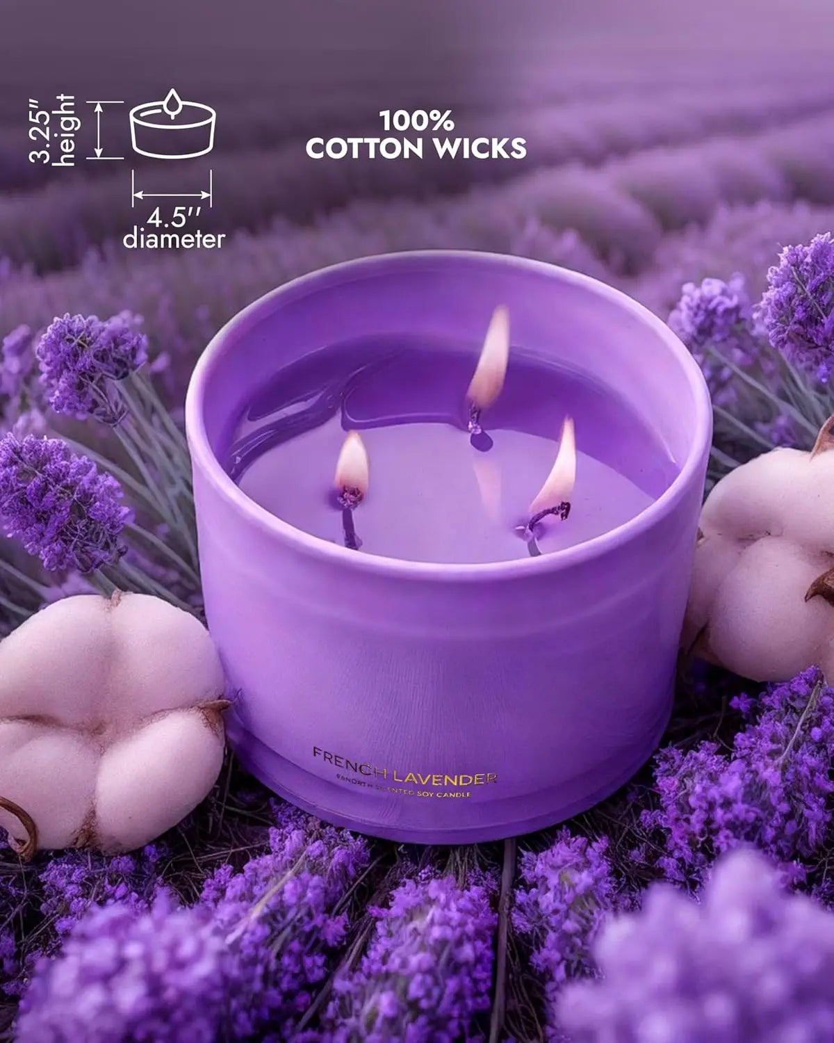 Luxury Lavender Soy Candle with 3 Wicks, 50-Hour Burn Time, Natural Wax for Relaxation and Home Decor