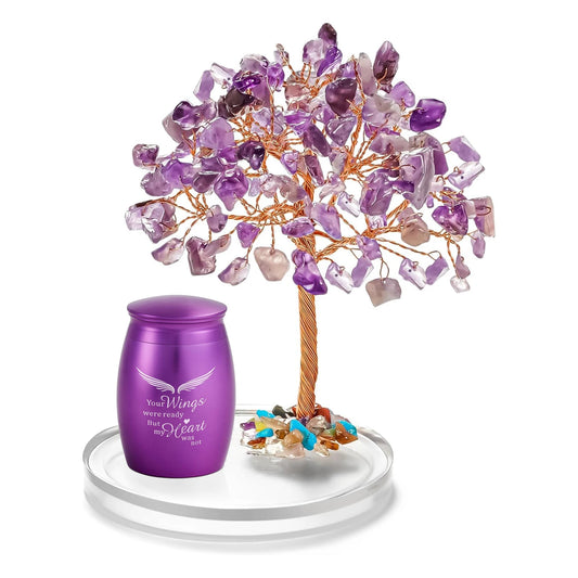 Small Urns for Ashes Keepsake Set of 2, Angel Wings Mini Urn for Human Pet Ashes with Amethyst Crystal Tree