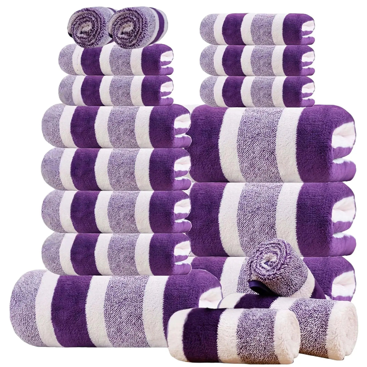 18pcs Set of Dark Wide Strip Coral Fleece Towel Bath Towel Set, Super Absorbent, 4 Bath Towels, 4 Towels, 10 Square Towels, Quick Dry, Ultra Soft