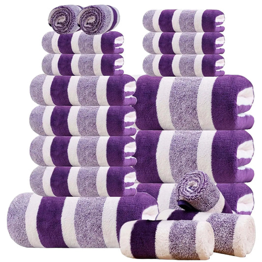 18pcs Set of Dark Wide Strip Coral Fleece Towel Bath Towel Set, Super Absorbent, 4 Bath Towels, 4 Towels, 10 Square Towels, Quick Dry, Ultra Soft
