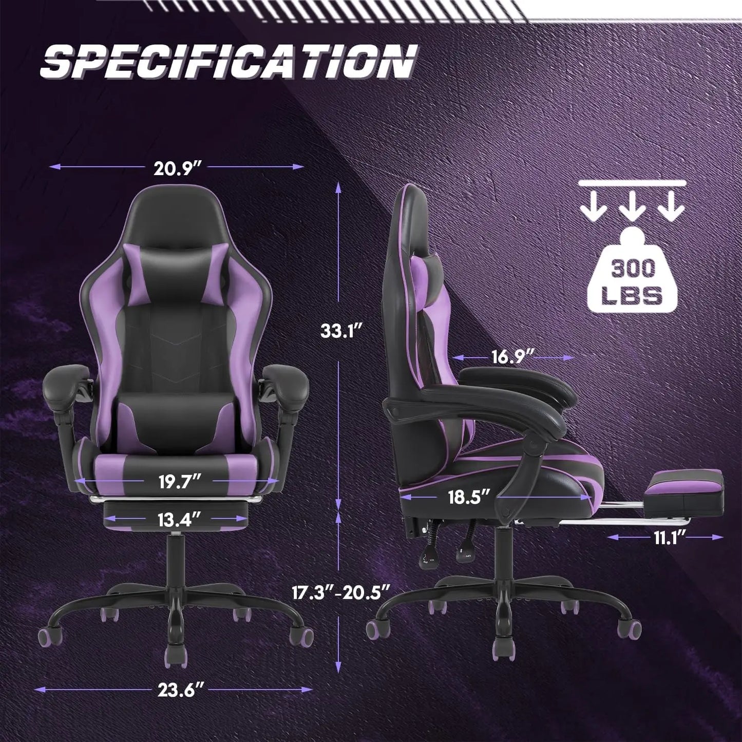Gaming Chair with Footrest and Massage Lumbar Support, Height Adjustable, 360° Swivel, Headrest