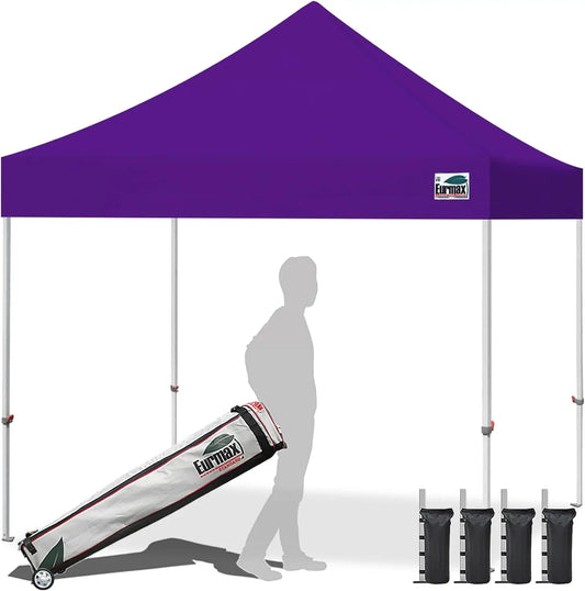 10x10ft Pop Up Canopy, Heavy Duty Portable Shelter Gazebo with Patented No-Tip Rolling Storage Bag and 4 Sandbags, UV & Water Resistant, Purple