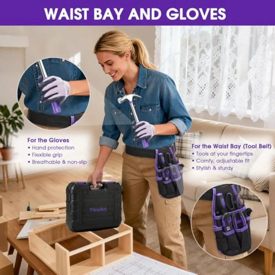 General Household Tool Set - Purple Hand Tool Kit with Waist Pouch and Gloves Tool Kit for home repair