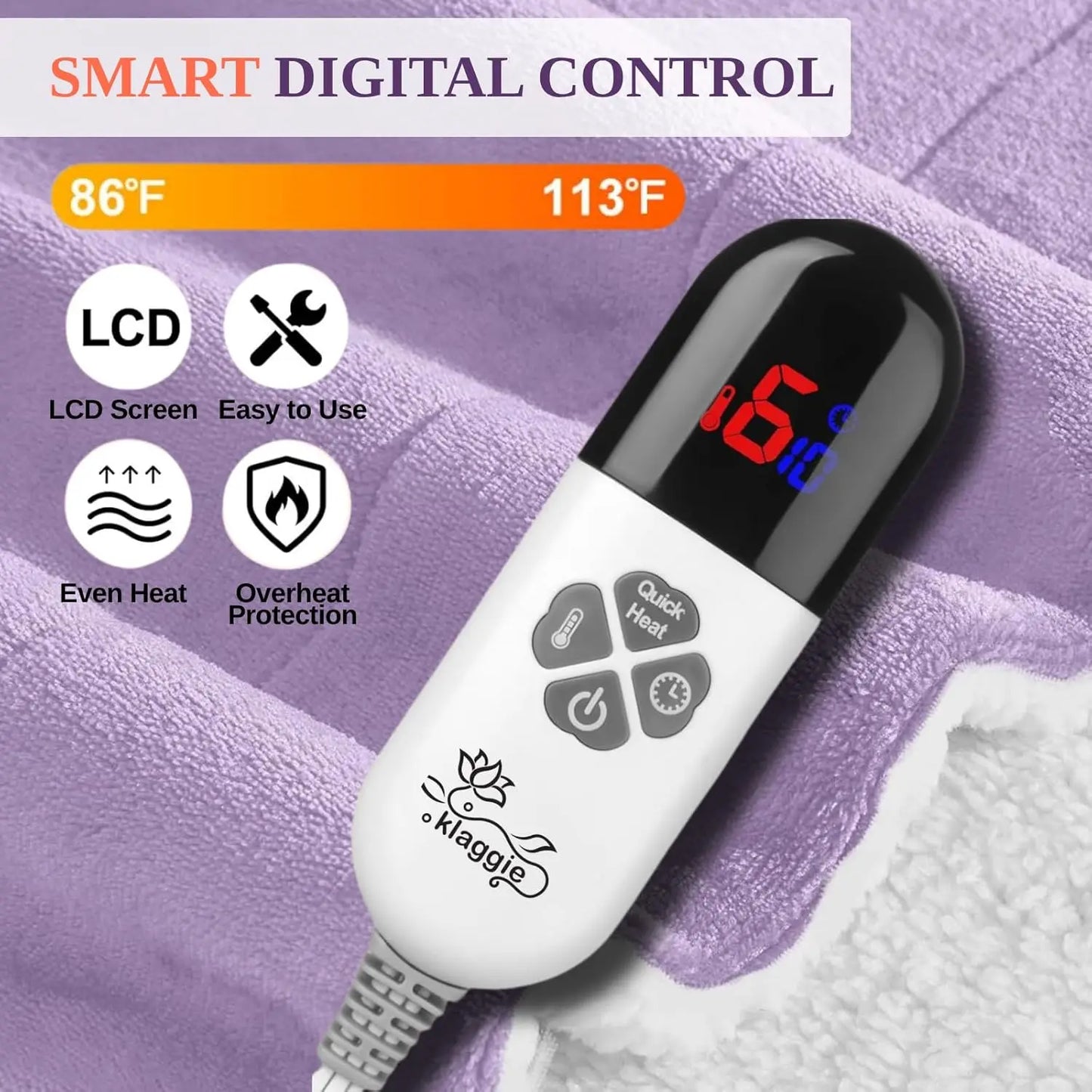 Purple Twin Electric Heated Blanket, 62x84 Inches, 6 Heat Settings, Auto-Off & Overheat Protection