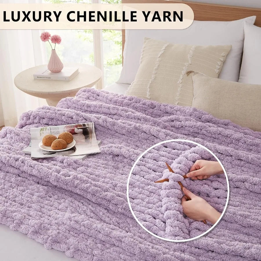 Handmade Large 80''x90'' Chunky Thick Cable-Knitted Chenille Blanket